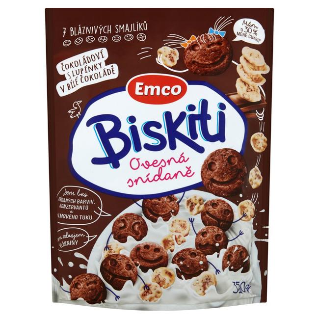 Emco Biskiti Ovsené sušienky čokoládové s cereálnymi lupienkami máčanými v bielej čokoláde 350 g - Klas