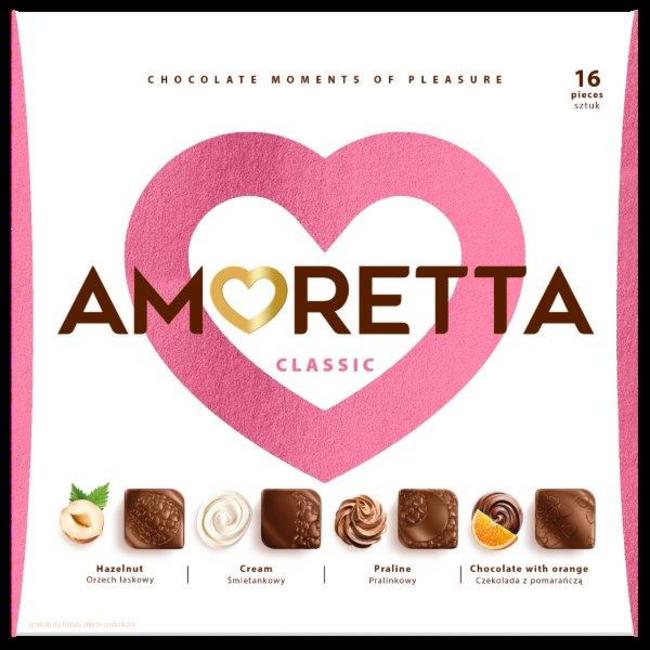 Amoretta dezert Classic - bonbóny lieskový orech,smotana, čokoláda s pomarančom a pralinka 106g - Klas