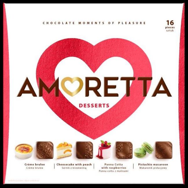 Amoretta dezert Desserts - bonbóny créme brulee, pistáciové makrónky, panna cotta s malinami a chessecake s broskyňami 106g - Klas