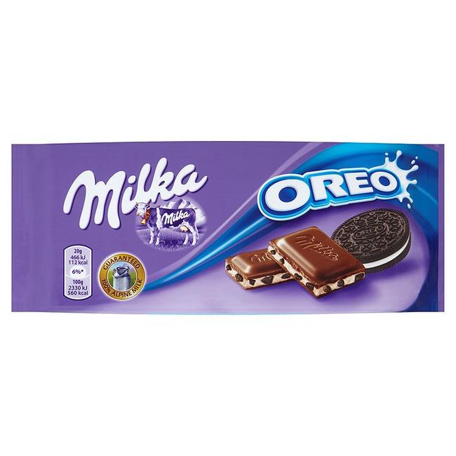 Milka Oreo kúsky kakaových sušienok s vanilkovým krémom v mliečnej čokoláde z alpského mlieka 100 g - Klas