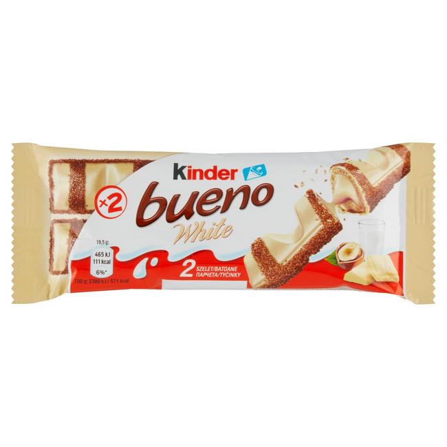 Kinder Bueno White oblátky plnené mliečnou a lieskovcovou náplňou v bielej čokoláde 39 g - Klas